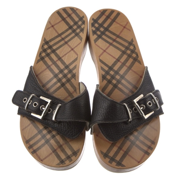 Burberry Leather Slides
•   Wedge Heels with Platform
•   Mary Jane Strap Buckle - Picture 1 of 4